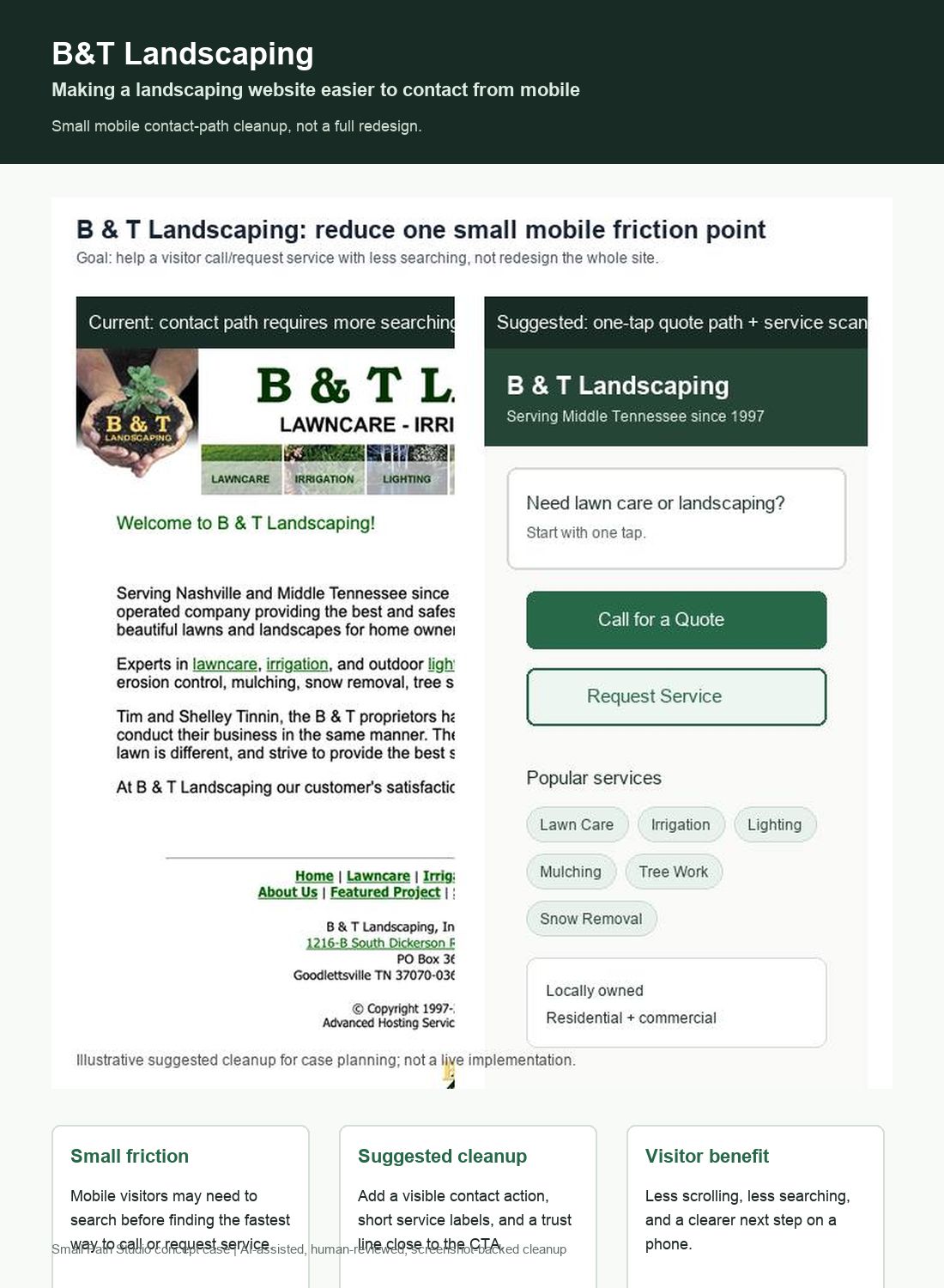 B&T Landscaping mobile contact path case sheet